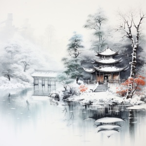 中国水墨画中的冬日森林