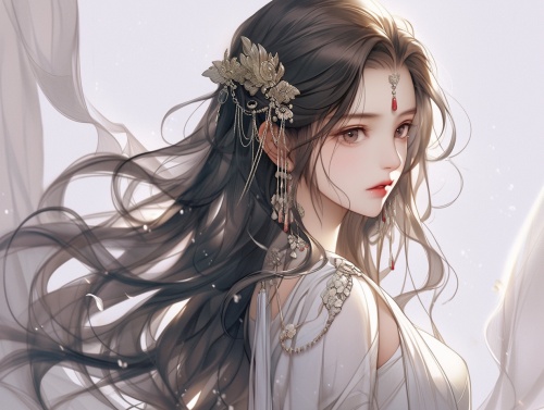 一个少女汉代发型 长发飘飘 五官精致身穿银白色汉代服装仙气飘飘，非常优雅，古风美女