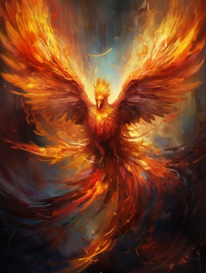 翅膀张开，火焰环绕。优美的凤凰，整个身躯展现出耀眼的红、橙、黄色调。每一根羽毛都绽放出炽热的光芒，如刀剑一般锋利。悠然飞翔于浓烟滚滚的火焰之中，它的眼睛散发着坚定的光芒，仿佛在传递着重生的力量。