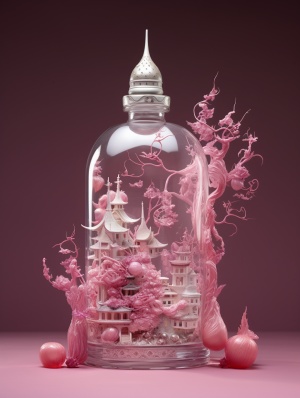 harper's balm bottle from tpa in shanghai, in the style of jeeyoung lee, ray caesar, luminosity of water, laurie lipton, feminine curves, floating structures, light silver and dark magenta
