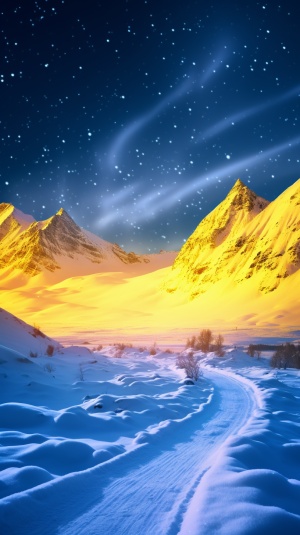 黄色的极光闪耀在雪山和星空中