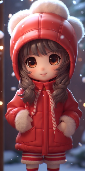 in a winter season, a cute babygirl, wearing a cute red velvet cap, wearing a red coat, full body, standing, bright big eyes, sweet smiling face, christmas scene, fluffy snow, Pixar style, soft movie lighting, 8K, octane rendering ar 3:4 niji 5