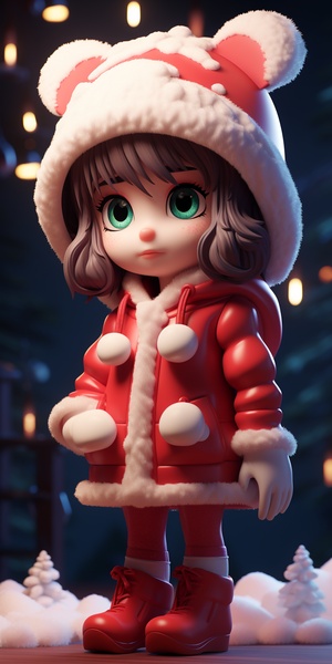 in a winter season, a cute babygirl, wearing a cute red velvet cap, wearing a red coat, full body, standing, bright big eyes, sweet smiling face, christmas scene, fluffy snow, Pixar style, soft movie lighting, 8K, octane rendering ar 3:4 niji 5