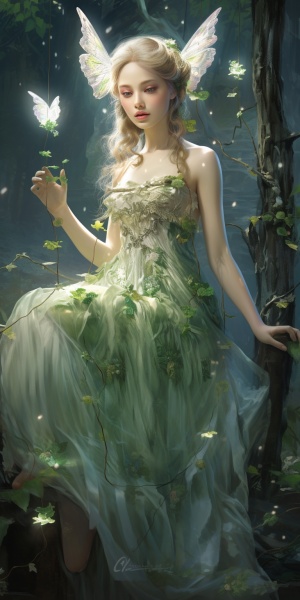 森林，绿精灵，美丽的公主，中国女孩，闪光的裙子，满地宝石，8k分辨率，细腻唯美，倾国倾城，青春活力，仙气飘飘。
