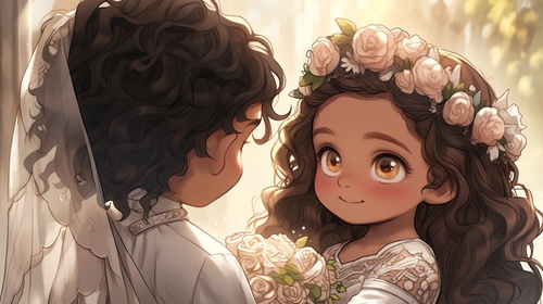 A cute and beautiful little girl and a cute and handsome little boy, with fair skin, big black eyes, and long curly hair. Her eyes were straight ahead, wearing a beautiful pure white wedding dress and a white headscarf. She held a rose in her hand, sparkling and sweet around her. Beautiful and romantic. Happiness is hazy, dreamy, and cinematic.