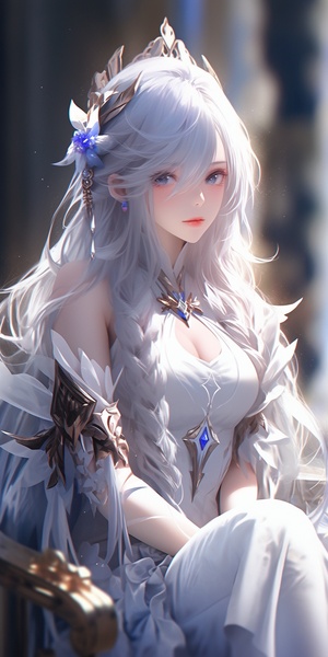 perfect hybird of ultra instinct five understandings to standing shoulder to shoulder with gods a woman with long white hair sitting on a bench, cinematic bust portrait for dark dress!! of goddess, | fine detail anime, shenhe from genshin impact, extremely high detail, clos up of a young anime girl, 2b niji 5 ar 9:16