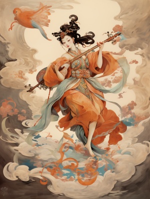 中国风韵味，敦煌飞天仙女，琵琶是反拿的，举过头顶，反手弹奏琵琶，赋予了琵琶一种神秘而迷人的感觉，在云层中舞动，飘舞着丝带