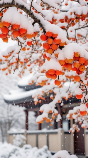 江南小镇下雪：柿子树上挂满厚厚白雪的美景