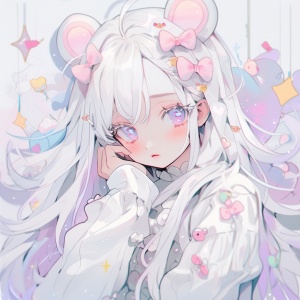 Whimsical Figure with White Outfit, Pink Ears, and Shiny Eyes