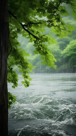 雨中的茂密绿色枫树：自然景观中式风格照片，真实细腻8K UHD