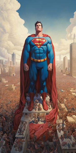 DC经典超人 克里斯托弗．里夫 超人站在小人国的城市中间，超人身边小人国里的小人们围着超人 看着巨型超人