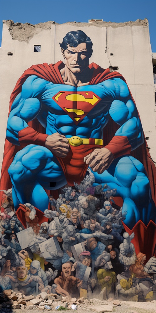 DC经典超人 克里斯托弗．里夫 超人站在小人国的城市中间，超人身边小人国里的小人们围着超人 看着巨型超人