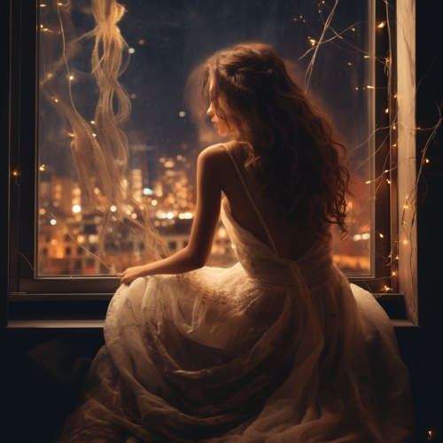 一个美女背影，披肩卷发，棕红色，白色裙子，坐在窗前，窗外是万家灯火，表情落寞，眼角含泪