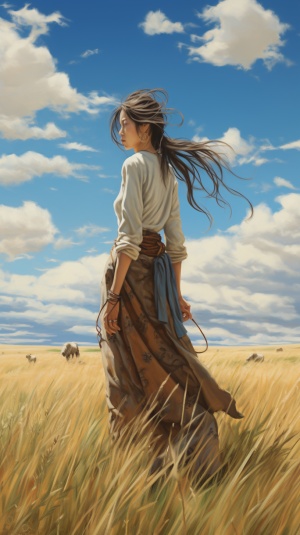 一个蒙古女孩在荒凉的草原上，眼神苍凉，蓝天白云很低，有微风，吹起了女孩的头发和衣襟。草地有黄有绿色，近深秋的样子，荒凉而凋零