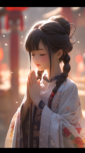 一个穿着传统服装的中国女孩在户外祈祷，在黑暗浪漫的插图，虚幻引擎，优雅，情感的面孔，活泼的插图，深白色和灰色，可爱和梦幻的风格