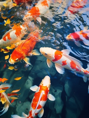 Beautiful Composition of Six Koi in Fuzzy Detail Style