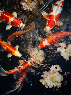Beautiful Composition of Six Koi in Fuzzy Detail Style