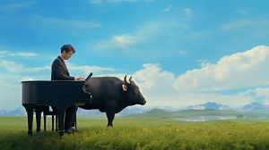 男钢琴家与水牛：深情弹奏在绿色背景下