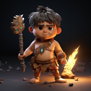 3D, tribal savage, primitive, a handsome and chubby boy holding tools from the Stone Age, full body, in a movie anime style, crazy and primitive, Pixar style, 8k, rich details, OC rendering, pure black background 笔记