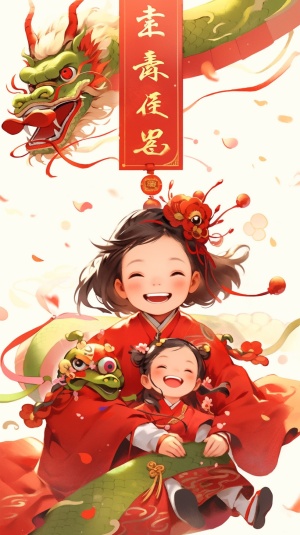 新年快乐，贴春联，喜庆的中国风卡通龙