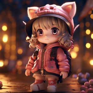 Blind box style, a cute little girl with a cat ears hat, furry clothes, full body, chibi, looking at the camera, pop mart, C4D, octane rendering, ultra Details, edgelighting, chiaroscuro, 8K, chibi, best quality, niji 5, HD ar 1:1
