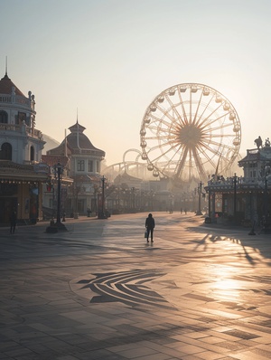 a large theme park, The conspicuous ferris wheel, dreamy style, Disney style, narrative paneling， light color palette, sweet atmosphere, high quality, 8K