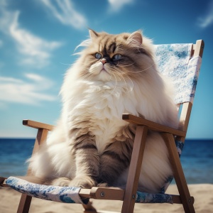 A chubby long hair ragdoll cat sitting on beach chair, blue sky background, soft color, seaside, 8k, close-up, masterpiece