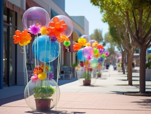 色彩鲜艳的气球插在人行道上的花瓶里，彩色市场立场，彩色花卉，巨型花卉，花卉波普艺术，彩色水果立场，花卉装饰品，花塔，多彩色，甜蜜的艺术品，在加利福尼亚州的冒险，五颜六色的鲜花，装饰花，玻璃花，五颜六色的鲜花，神奇的五颜六色的鲜花，五颜六色的图片，五颜六色的场景，非常丰富多彩