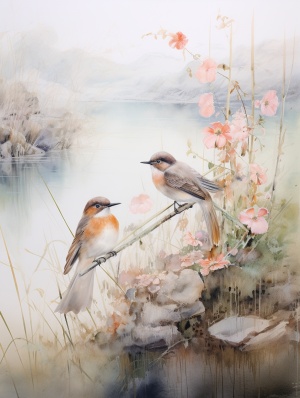 湖上水彩花卉与鸟类绘画