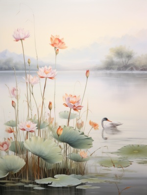 中国风格画作：水彩荷花与绘画鸟鹤、野生花卉的美丽景观