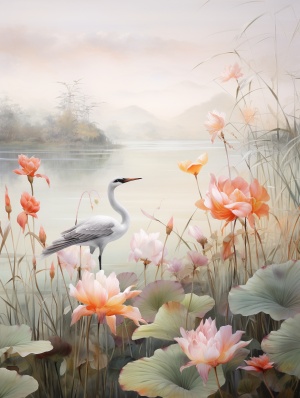 中国风格画作：水彩荷花与绘画鸟鹤、野生花卉的美丽景观