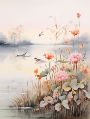 水彩花卉和鸟类描绘湖上的南北朝风景