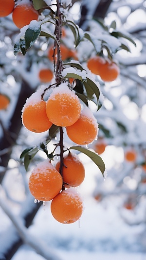 there are oranges hanging from a tree in the snow, with snow covered colourful red, winter snow, snowy winter, snowing, outside in snow snowing, winter in the snow, still life with snow, snowy day, white and orange, snow weather, snow fall, snowing outside, orange and white, cold snowy, cold snow outside, light snowfall, dusting of snow