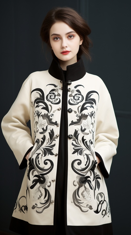 中国民族风格图案的女性藏青色刺绣羽绒服外套，采用白色背景，中国传统，浅米色和米色，tundo，逼真的细节，环保的工艺，精致的刺绣，展现出高贵典雅大方气质，简约大方，