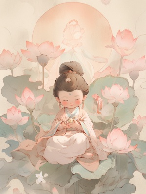 Cute doll face, little girl, sitting, elegant lotus, ancient style illustration, Buddha style portrait, ancient style portrait, Zen，in the style of chinese painting,anime,Light color，northern and southern dynasties, zen buddhism influence,orient-inspired， booru
