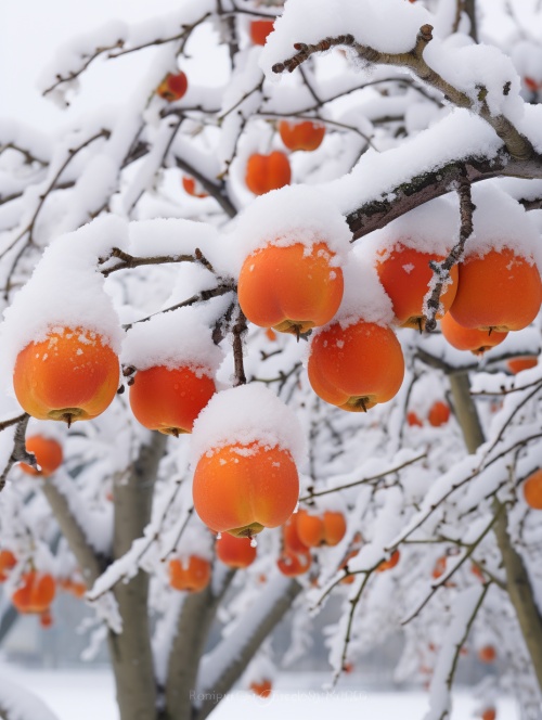 一颗柿子树挂满柿子，下雪，厚厚白雪，江南小镇，雪花，摄影