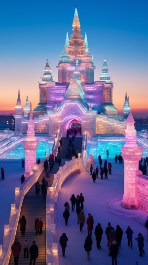冰雪世界的多彩光辉：哈尔滨夜幕降临，璀璨夺目