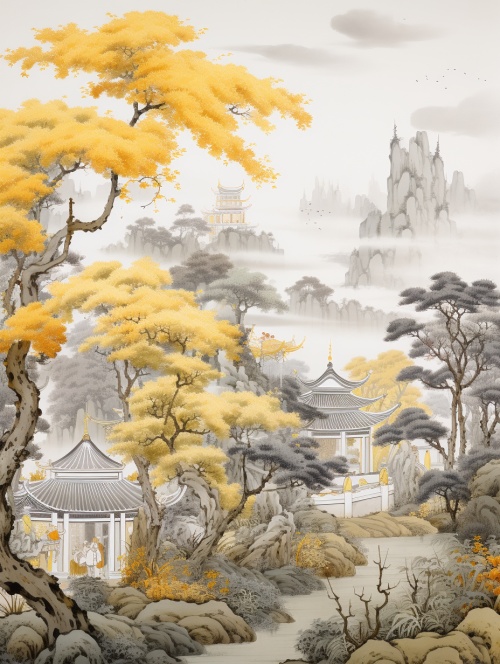 a traditional chinese painting showing trees and some houses, in the style of lively street scenes, light gray and yellow, [edward poynter], wallpaper, imposing monumentality, [li wei], yellow and gray ar 40:53