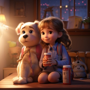 A cute little girl wearing a backpack and drinking milk tea with a dog,pixar style,cartoon style,Mellow Atmosphere,octane render,V-Ray,8K, niji 5 ar 3:4