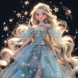 Dreams, jewelry, fairy of jewels, flower fairy, cute, oceanic jewel eyes, makeup, bubbles, long hair adorned with scattered stars, snowflake chiffon dress with tiny star patterns, dreamy and cool-toned long hair, crystal-textured golden hair and eyes, fairy with embroidered ball flowers, moon🌙, super detailed dress, space, gemstone skirt, 3D model, sea, night, coastline, and a sky full of stars. niji 5 ar 9:16，,