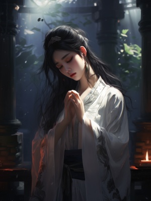 一个穿着传统服装的中国女孩在户外祈祷，在黑暗浪漫的插图，artgerm，虚幻引擎，优雅，情感的面孔，活泼的插图，深白色和灰色，可爱和梦幻的风格