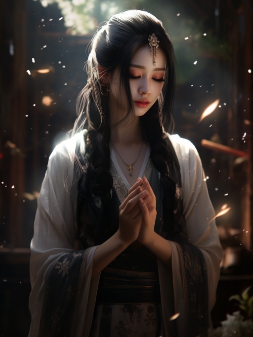 一个穿着传统服装的中国女孩在户外祈祷，在黑暗浪漫的插图，artgerm，虚幻引擎，优雅，情感的面孔，活泼的插图，深白色和灰色，可爱和梦幻的风格