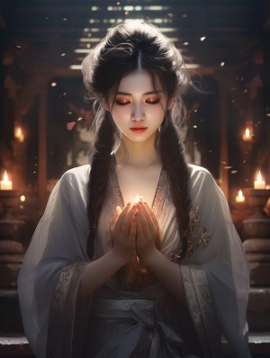 中国女孩户外祈祷的黑暗浪漫插图