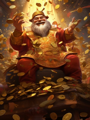一位中国财神爷，周围环绕着金币，采用tiago hoisel的风格，俏皮的象征主义，igor zenin，2d游戏艺术，宏伟的配色方案，以金钱为主题，精湛的工艺，8k