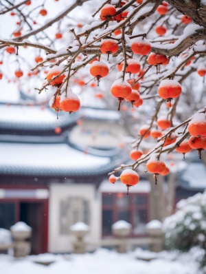 柿子树下的雪地，城市角落的美丽景观