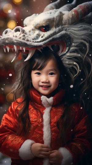 中国龙与小女孩共度欢乐年