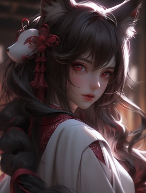 a girl with long hair wearing a white dress with cute paw, in the style of dark crimson and light crimson, oshare kei, exaggerated facial features, heavy shading, wavy, caninecore, cranberrycore