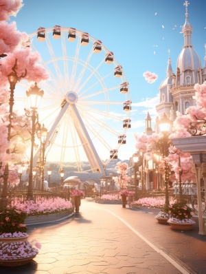 Dreamy Disney Style Theme Park with Conspicuous Ferris Wheel