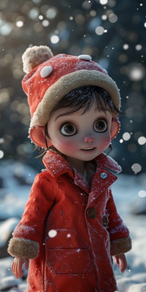 Winter Scene: Cute Babygirl in Red Velvet Cap