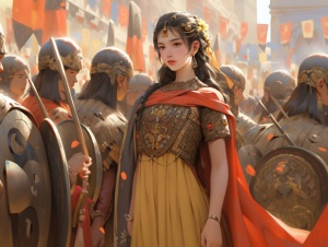 古风中国美女与罗马战士的市集问好